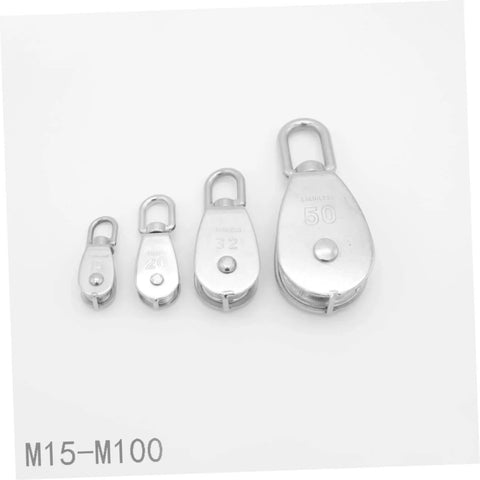 Four stainless steel pulley blocks of various sizes, including a 35kg stainless steel pulley single sheaved capacity movable pulley block wheel swivel.