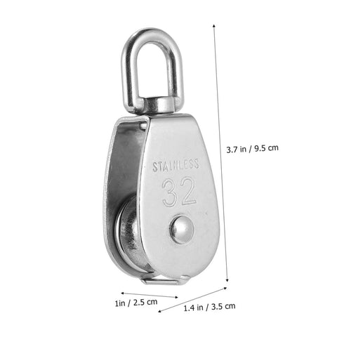 Stainless Steel Pulley Single Block for Fishing Net and Boat Lifting Heavy Duty Swivel Hook for Smooth and Easy Rope Handling Stainless Steel Construction, shown in side view with dimensions