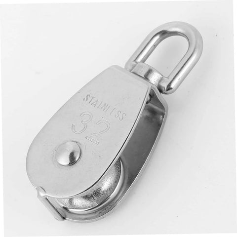 Stainless Steel Pulley Single Block for Fishing Net and Boat Lifting Heavy Duty Swivel Hook for Smooth and Easy Rope Handling Stainless Steel Construction. Front view showing size "32" engraving.