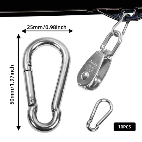 10 Pcs M20 Single Pulley Block 304 Stainless Steel M20 Pulleys for Rope with Snap Hook, showing dimensions and features
