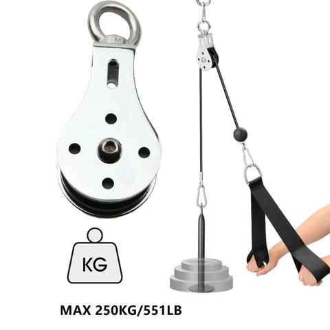Pulley Wheel Stainless Steel Small Pulley Block 360 Degree Rotating Silent Cable Pully Load Bearing Mechanical Pulleys, Silver (Silver-2) with max load 250KG shown in lifting setup.