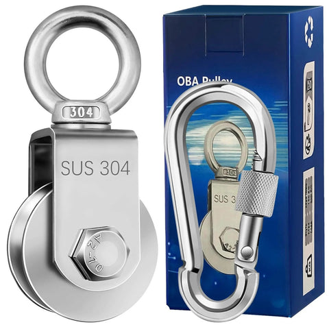 Cable Pulley Wheel Stainless Steel with Ball Bearing Carabiner, Stainless Steel Pully Block M48 displayed with packaging