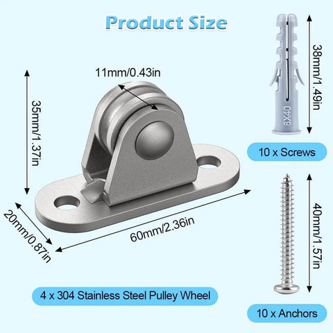 Small Pulley Block, 4 Pack 304 Stainless Steel Pulley Wheel with mounting screws and anchors, detailed measurements shown