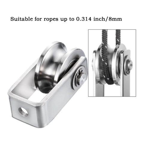 Dual-bearing cable pulley wheel set for rope systems, wall or ceiling mounted, quiet operation using two 608 bearings, stainless steel