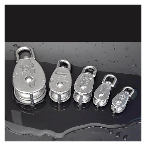 Stainless Steel Pulley M20 Single Wheel Swivel Lifting Rope Pulley Set in multiple sizes on wet surface
