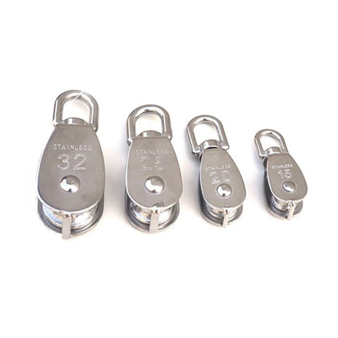 Stainless steel pulleys in various sizes including M20 single wheel pulley for wire rope hoisting, 304 stainless steel body, 360 degree swivel.