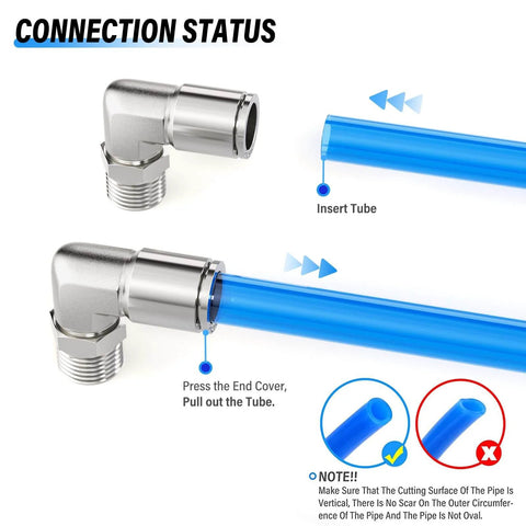Sturdy Stainless Steel Pneumatic Male Elbow Push To Connect Fitting One Quarter Inch Tube Outer Diameter To One Quarter Inch NPT Thread 90 Degree Quick Connect Pack Of Two shown with blue tube insertion