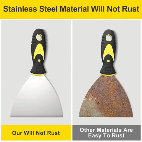 Comparison of rust-resistant stainless steel putty knife and rusted one, featuring soft grip handle. 5Pcs Putty Knife Set With 1 Inch 2 Inch 3 Inch 4 Inch And 5 Inch Scrapers For Drywall Repair Spackle Painting Scraping Wallpaper Removal Plaster Mud And Stucco No Rust Durable Multi Purpose Tools For Home Renovation.