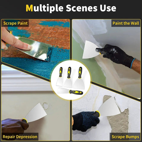 Collage showing Spackle Knife Set Of Four Stainless Steel Putty Knives In 2 3 4 5 Inch Sizes used for various repair tasks.