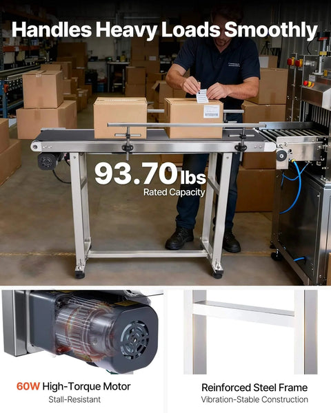 Industrial PVC Belt Conveyor 47 Inch By Seven Point Eight Inch In Corrosion Resistant Stainless Steel With 110 Volt Electric Adjustable Speed And Double Guardrail For Reliable Durable Industrial Transport Equipment For Heavy Duty Applications in use, showing capacity of 93.7 lbs