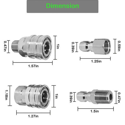 1/4 in quick-connect pressure washer fittings set, four stainless steel adapters with male and female NPT ends
