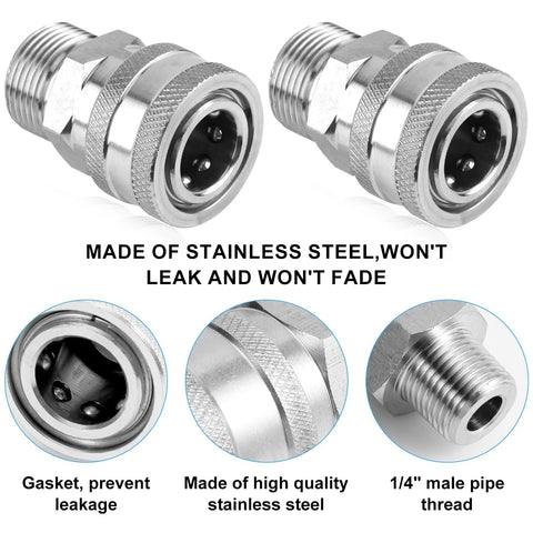 Two stainless steel 1/4-inch pressure washer quick-connect couplers, male and female fittings.
