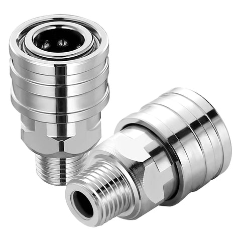 1/4-inch stainless steel pressure washer fittings; two chrome quick-connect adapters with male NPT ends.