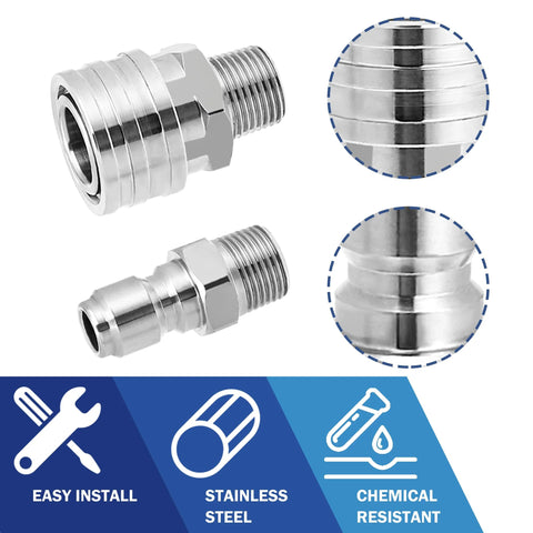 Two stainless steel 3/8 in quick-connect pressure washer adapters, male fittings, 2-set kit, 5000 PSI