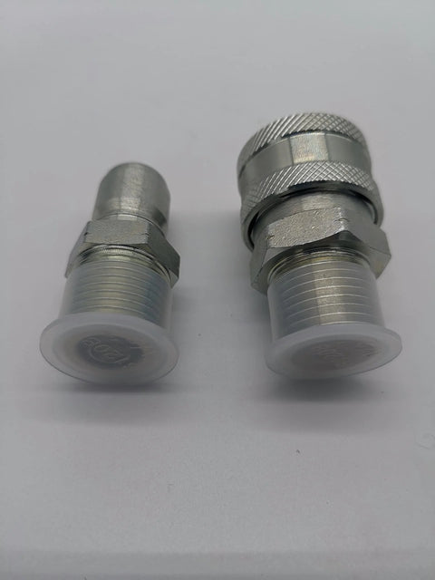 Quick-connect fittings, 1/2 in male-thread, metal with knurled collar; two-piece pressure washer adapter set with white end caps.