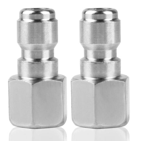 Two stainless steel pressure washer quick-connect plugs, 1/4 inch male connectors, side-by-side