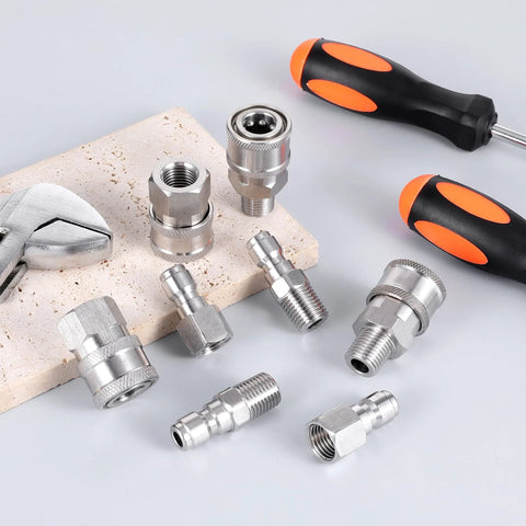 Stainless steel pressure washer quick-connect couplers and adapters set with male and female fittings (NPT 1/4 in)