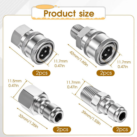 Stainless steel 1/4 in NPT pressure washer quick-connect couplers with male and female plugs, 4 sets (8 pieces)