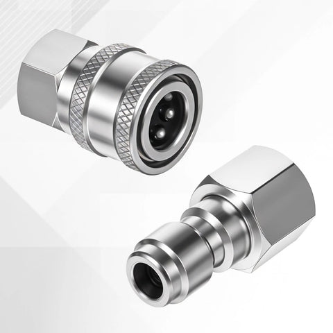 Pressure washer quick-connect coupler pair, stainless steel, 1/4 inch NPT, male and female ends