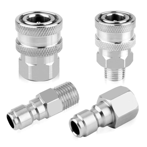 Two-pack stainless steel pressure washer quick-connect couplers with male and female plugs, 1/4 in NPT.