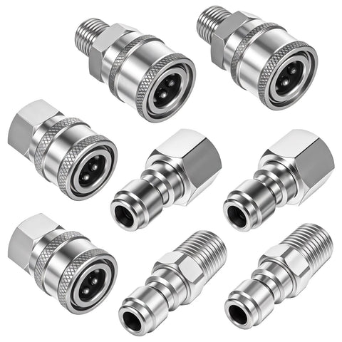 4-set stainless 1/4 inch NPT pressure washer quick-connect fittings; includes male and female couplers.