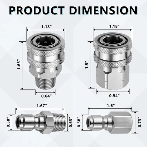 Senlinyu 3/8 stainless steel quick-connect adapter set, 4 pcs with NPT threads; dimension diagram