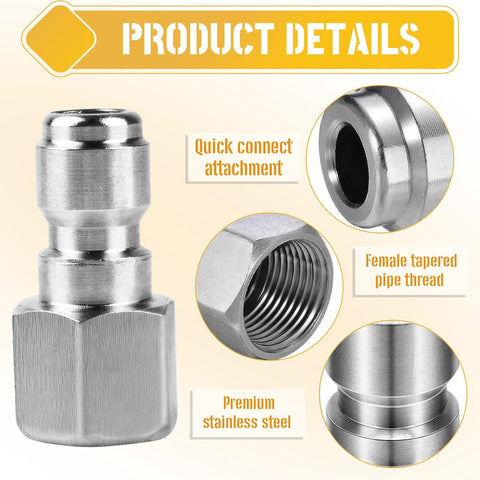 2-pack stainless steel pressure washer couplers with 1/4 in or 3/8 in male quick-connect plugs and 1/4 in or 3/8 in female NPT fittings, 5000 PSI