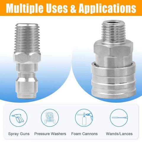 Stainless steel 1/4 in pressure washer quick-connect fittings, two fittings with male and female threads