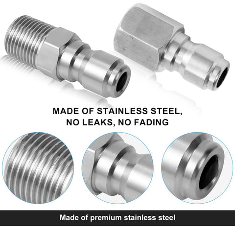 2-pack stainless steel 1/4 inch quick-connect pressure washer fittings with internal and external threads