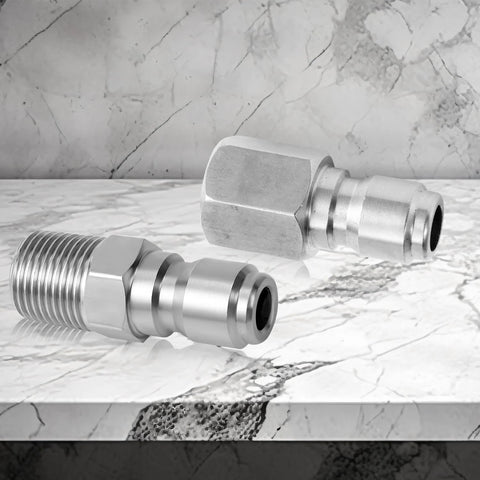 Pressure washer fittings: two stainless steel 1/4 in quick-connects with internal and external threads
