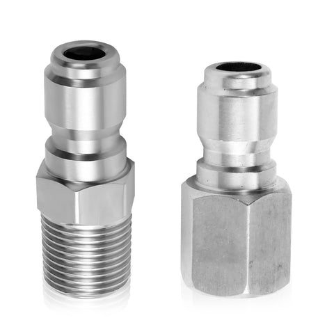 Two stainless steel 1/4-inch quick-connect pressure washer fittings with male and female ends