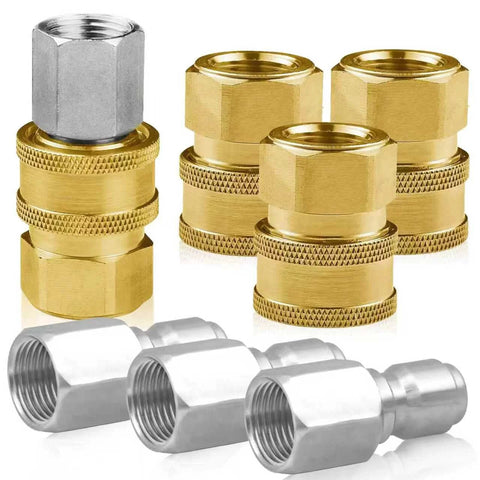 Eight brass quick-connect adapters for 3/8 in NPT pressure washers, knurled bodies with silver connectors.