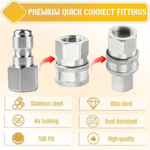 2-Pack stainless steel pressure washer couplers with 1/4 in and 3/8 in male quick-connect plugs and female NPT fittings