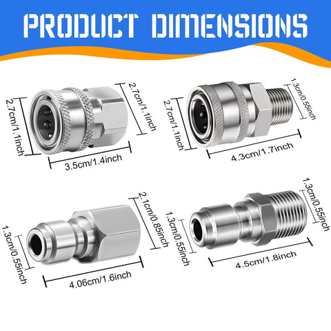 3/8 inch stainless steel pressure washer quick-connect fittings set, four-pack with male and female threads