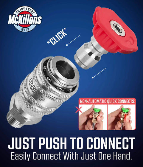 Stainless Steel Quarter Inch Automatic Quick Connect Fittings For Pressure Washer Gun Couplers NPT Male, shown in use.