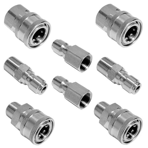 Eight 3/8 in quick-connect fittings for pressure washers, male and female threaded adapters, chrome-plated metal kit