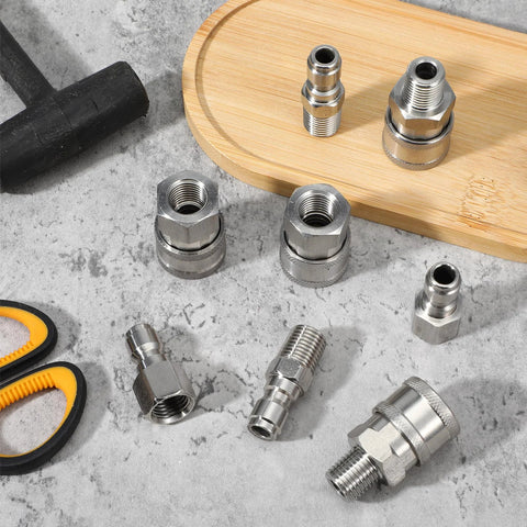 Pressure washer quick-connect adapters, 4-set, stainless steel NPT 1/4 in, male and female fittings.
