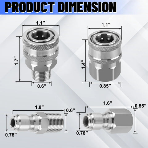 Front view of stainless steel 3/8 in NPT quick-connect hose fittings set with male and female adapters, 8 pieces