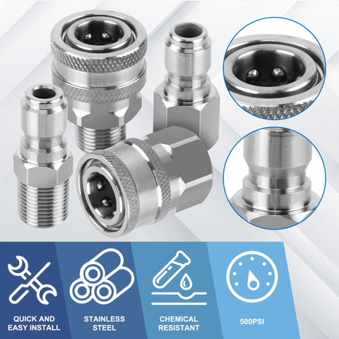 Pressure washer quick-connect fittings, 8-piece stainless steel set with 3/8 in NPT male and female adapters.