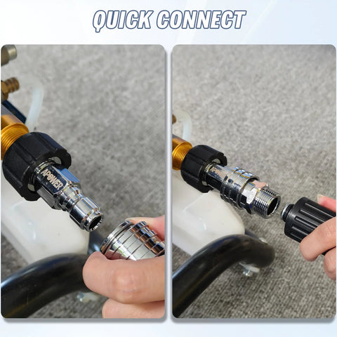 APOWER stainless steel pressure washer quick-connect kit; M22-14mm to 3/8 inch fittings, 9-piece set.