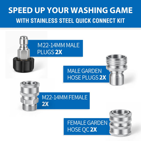 Premium pressure washer quick-connect kit, stainless M22 14mm adapters, 2x male plugs, 2x female plugs, 2x garden hose QC