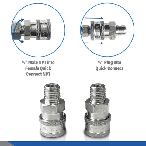 Essential stainless steel 1/4 in male NPT quick-connect pressure washer fitting, 5000 PSI, set of 2