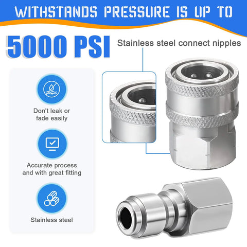 3/8 in stainless steel pressure washer quick-connect fittings, 4-pack with male and female threads, 5000 PSI