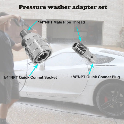 Three-piece stainless steel pressure washer fittings set with 1/4 inch NPT male thread, quick-connect socket and plug