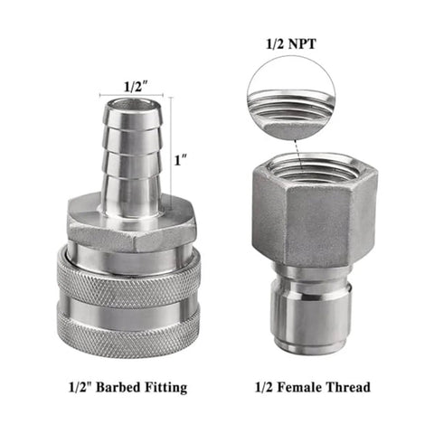 Stainless Steel Quick Disconnect Set For Wort Brewing Gear, 1/2 Inch NPT Female And 1/2 Inch Barb, two fittings display