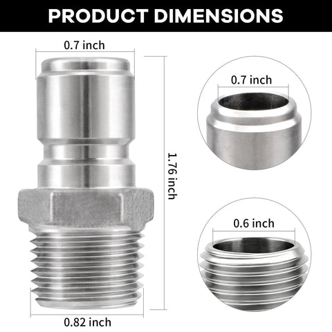 Stainless Steel Quick Disconnect Male NPT 1/2 Inch Homebrewing Connector 2 Pack dimensions with 0.7 in diameter and 1.76 in height.