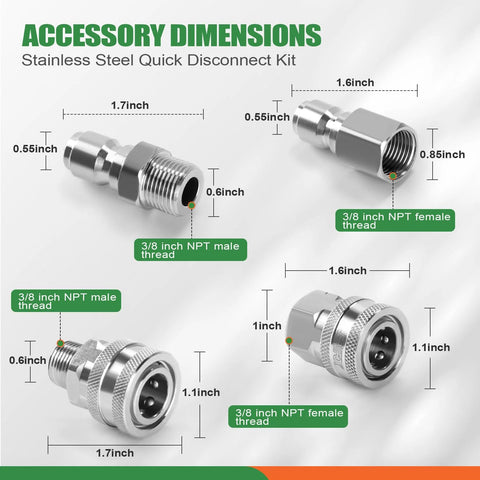 Pressure washer quick-connect kit, 8-piece stainless steel fittings, 3/8 inch NPT male and female