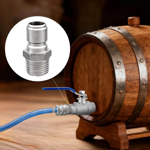 Stainless Steel Quick Disconnect Male NPT 1/2 Inch Homebrewing Connector 2 Pack For Fast Easy Brew System Hookups shown with keg.