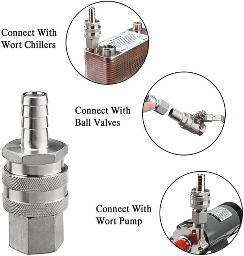 Stainless Steel Quick Disconnect Set For Wort Brewing Gear, 1/2 Inch NPT Female And 1/2 Inch Barb, connected to wort chillers and pumps.