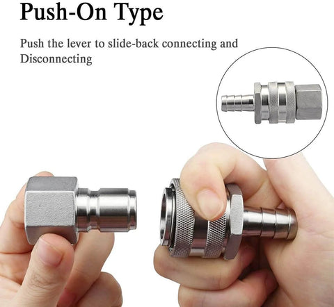 Stainless Steel Quick Disconnect Set For Wort Brewing Gear, 1/2 Inch NPT Female And 1/2 Inch Barb, demonstrating disconnection.